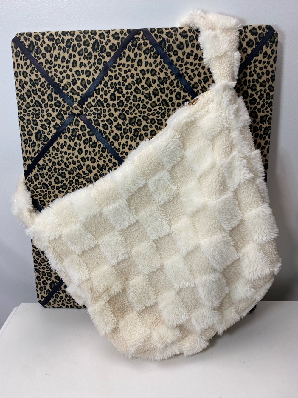 Cream Plush Checker Shoulder Tote Bag with Fluffy Soft Faux Fur New Without Tags